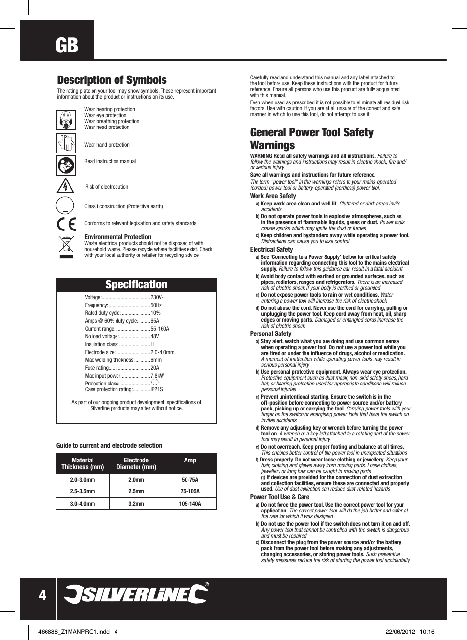 General power tool safety warnings, Specification, Description of symbols | Silverline 160A Arc Welder User Manual | Page 5 / 28