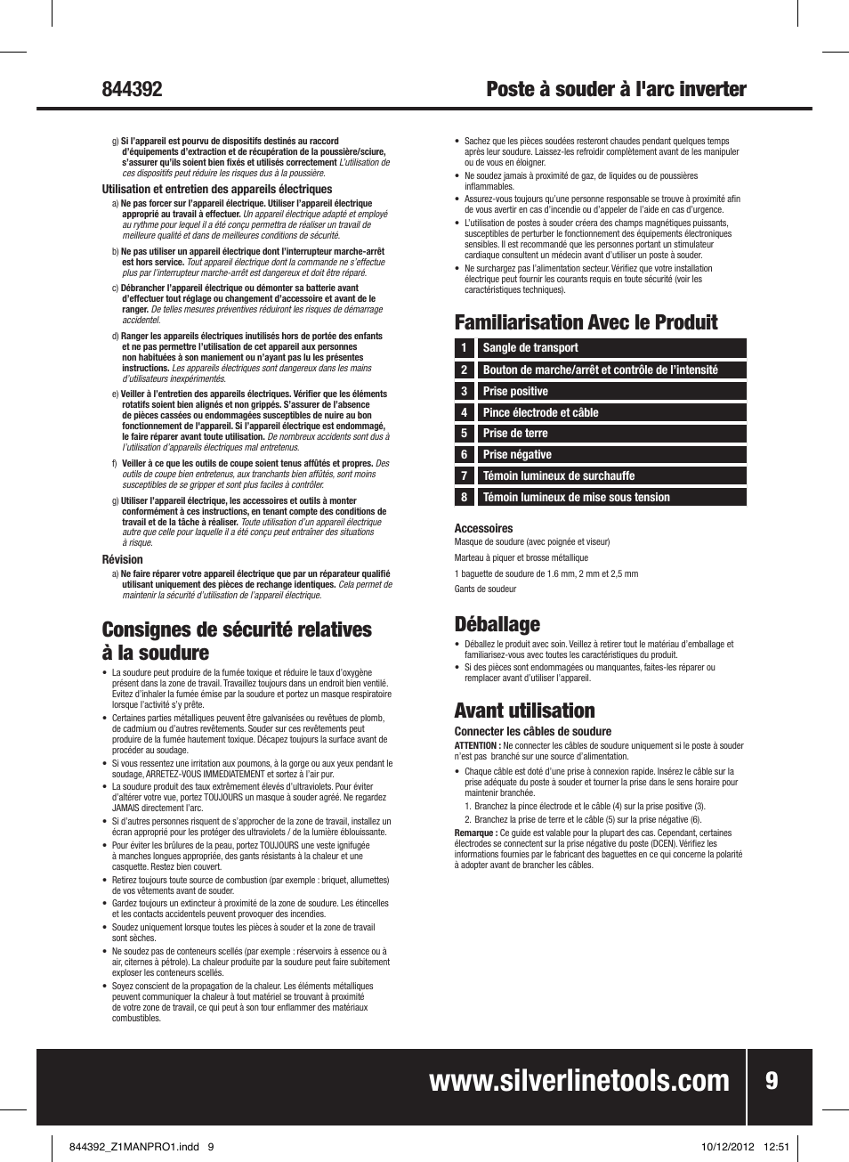 Consignes de sécurité relatives à la soudure, Déballage, Avant utilisation | Familiarisation avec le produit | Silverline 80A Inverter Arc Welder User Manual | Page 10 / 28