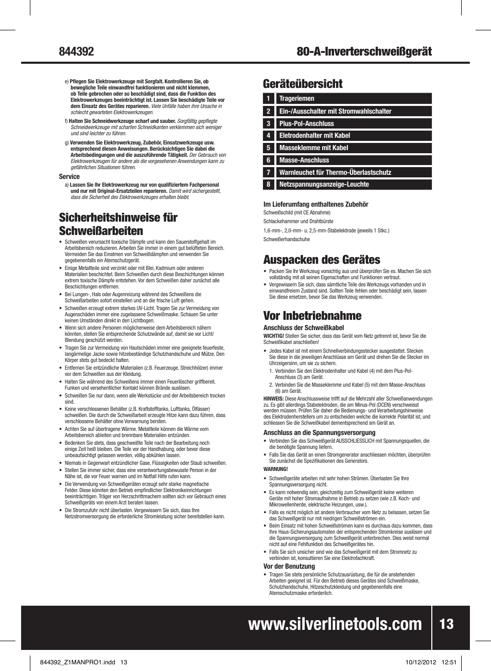 Sicherheitshinweise für schweißarbeiten, Geräteübersicht, Auspacken des gerätes | Vor inbetriebnahme | Silverline 80A Inverter Arc Welder User Manual | Page 14 / 28