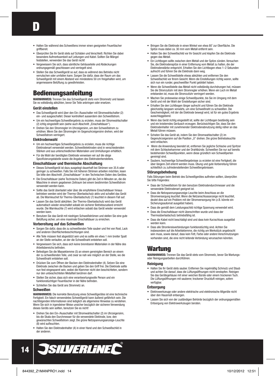 Wartung, Bedienungsanleitung | Silverline 80A Inverter Arc Welder User Manual | Page 15 / 28