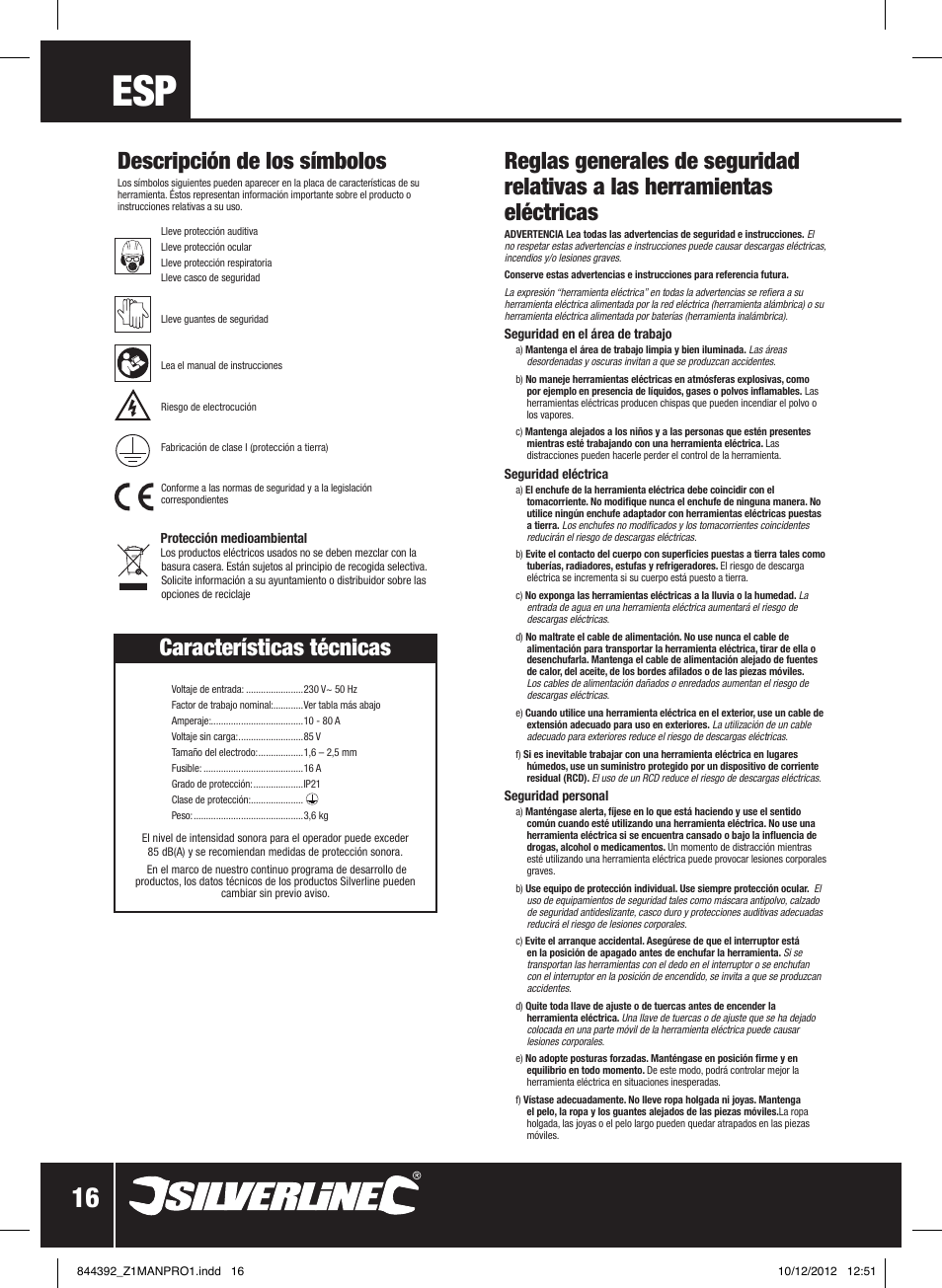 Características técnicas, Descripción de los símbolos | Silverline 80A Inverter Arc Welder User Manual | Page 17 / 28