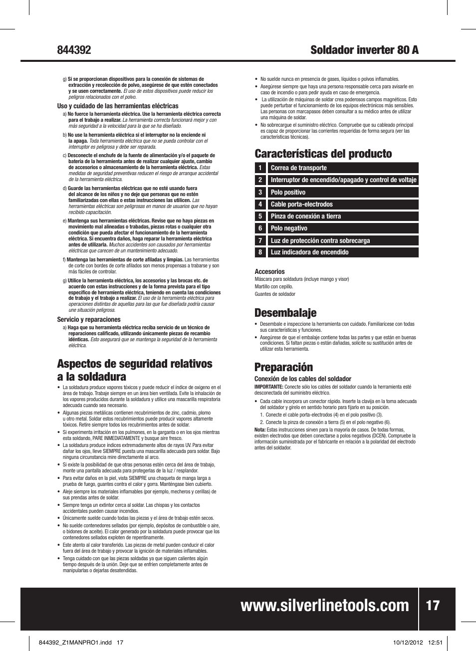 Aspectos de seguridad relativos a la soldadura, Características del producto desembalaje, Preparación | Silverline 80A Inverter Arc Welder User Manual | Page 18 / 28
