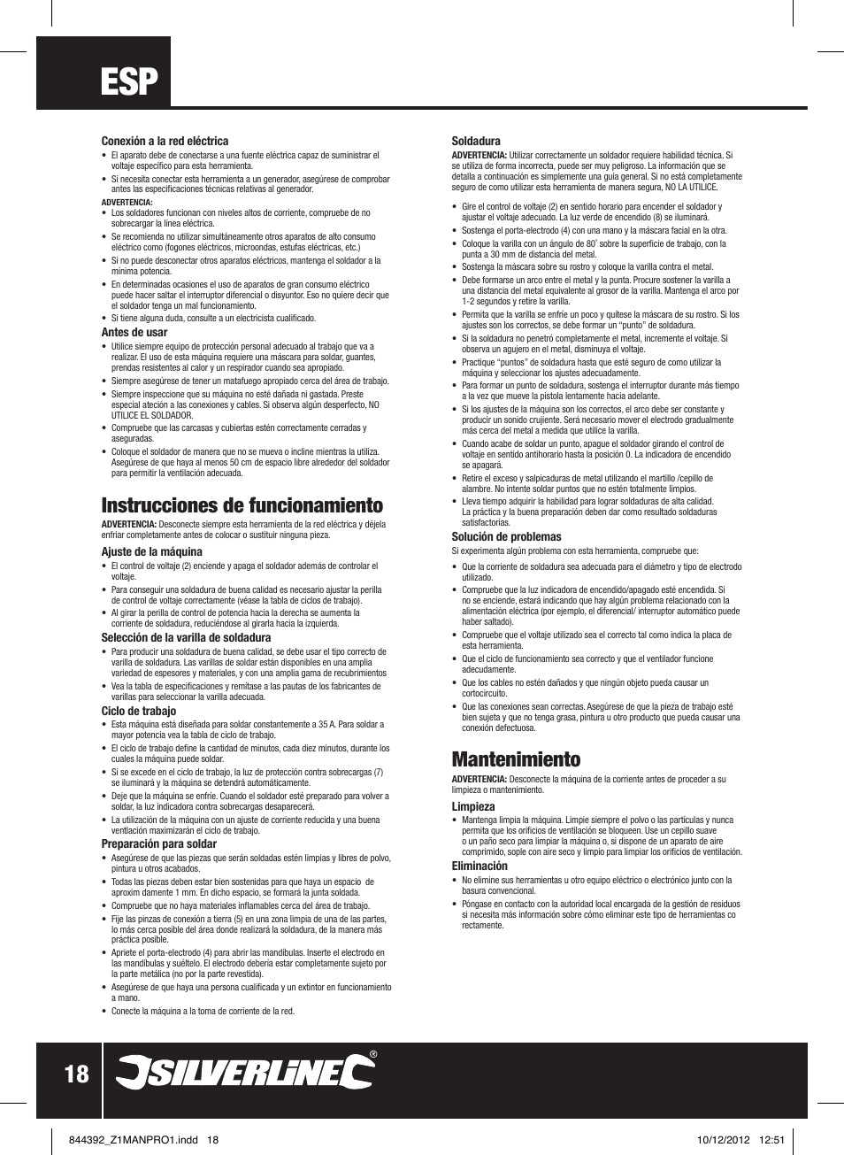 Instrucciones de funcionamiento, Mantenimiento | Silverline 80A Inverter Arc Welder User Manual | Page 19 / 28