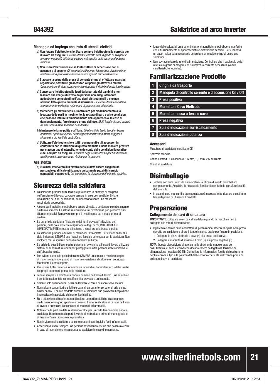 Sicurezza della saldatura, Disimballagio, Preparazione | Familiarizzazione prodotto | Silverline 80A Inverter Arc Welder User Manual | Page 22 / 28