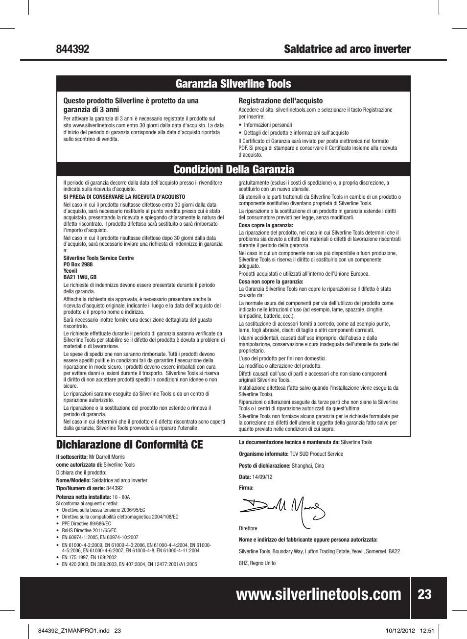 Dichiarazione di conformità ce | Silverline 80A Inverter Arc Welder User Manual | Page 24 / 28