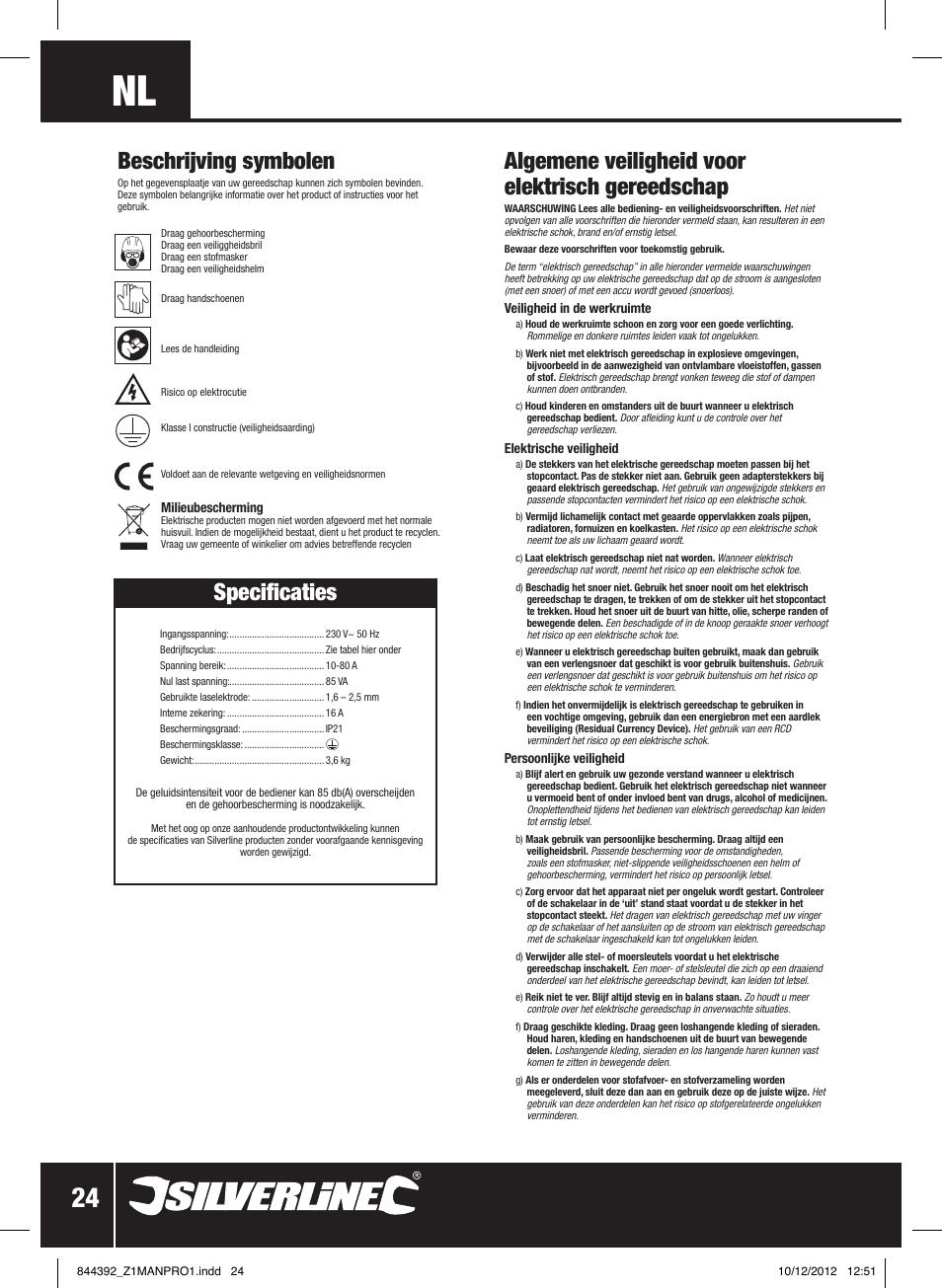 Specificaties, Beschrijving symbolen, Algemene veiligheid voor elektrisch gereedschap | Silverline 80A Inverter Arc Welder User Manual | Page 25 / 28