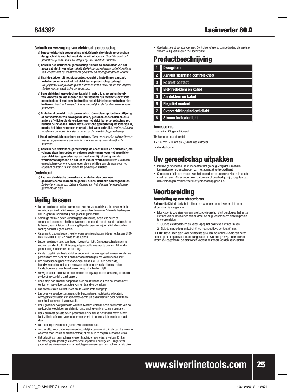 Veilig lassen, Uw gereedschap uitpakken, Voorbereiding | Productbeschrijving | Silverline 80A Inverter Arc Welder User Manual | Page 26 / 28