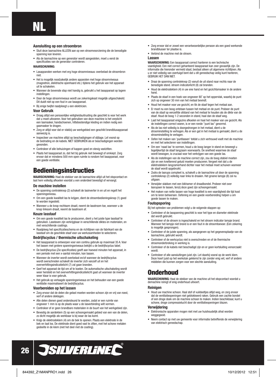 Onderhoud, Bedieningsinstructies | Silverline 80A Inverter Arc Welder User Manual | Page 27 / 28
