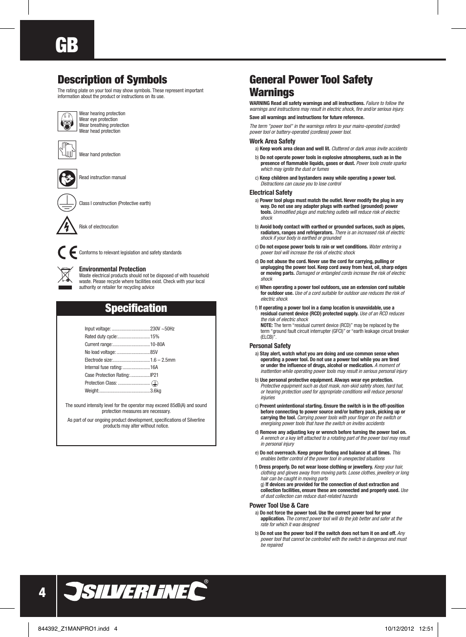 Specification, Description of symbols, General power tool safety warnings | Silverline 80A Inverter Arc Welder User Manual | Page 5 / 28