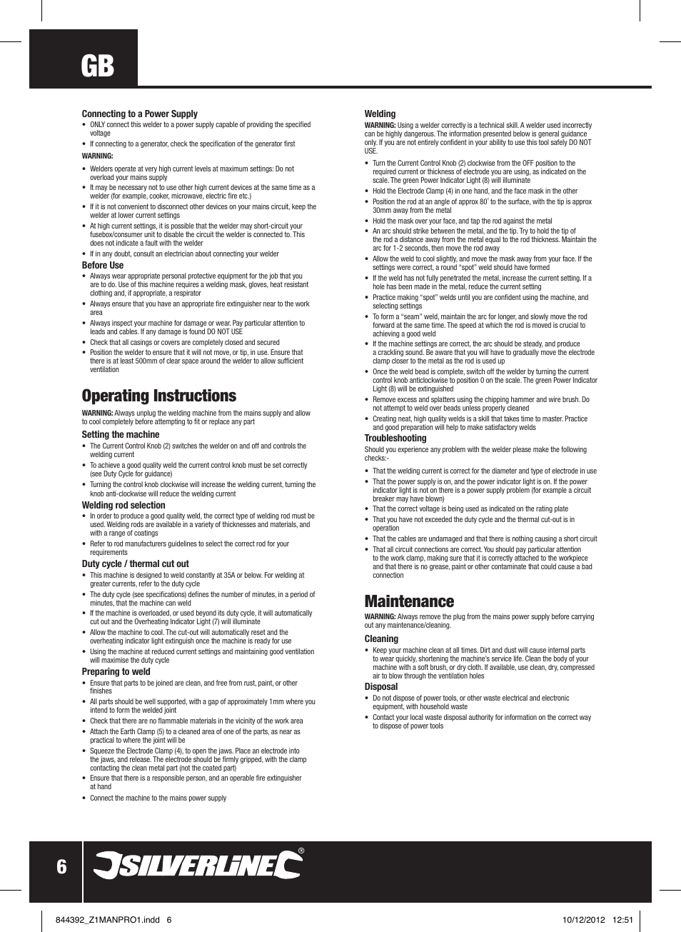 Maintenance, Operating instructions | Silverline 80A Inverter Arc Welder User Manual | Page 7 / 28