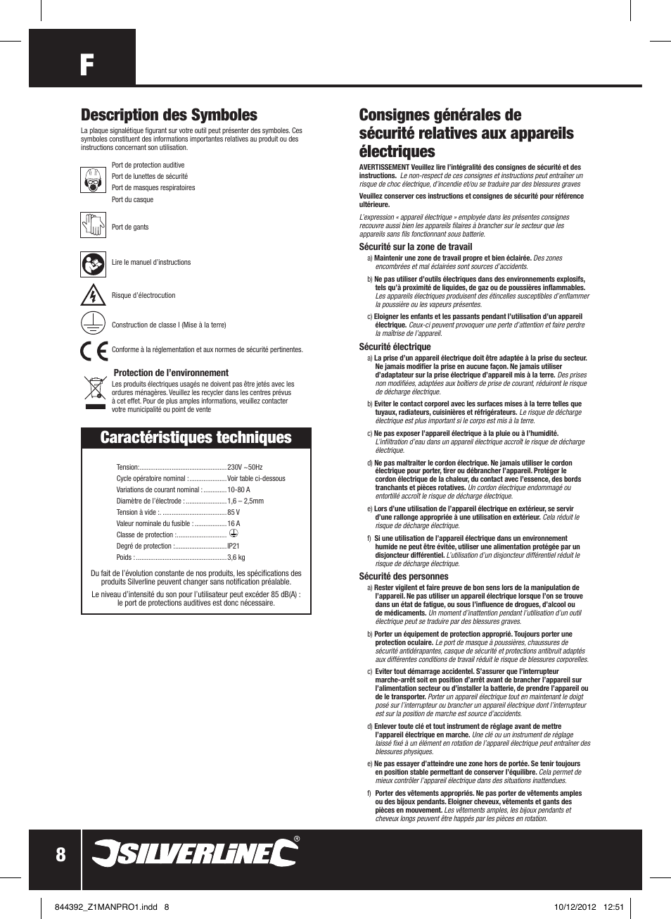 Caractéristiques techniques, Description des symboles | Silverline 80A Inverter Arc Welder User Manual | Page 9 / 28