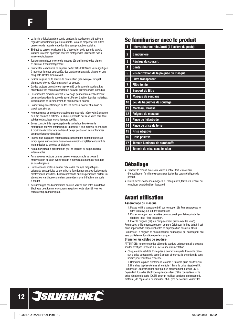 Déballage, Avant utilisation, Se familiariser avec le produit | Silverline 160A Inverter Arc Welder User Manual | Page 13 / 40