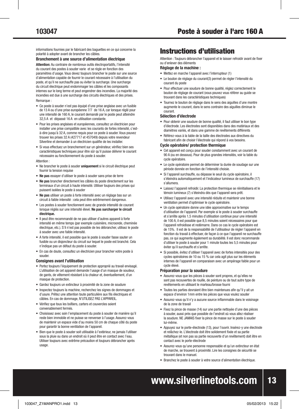 Instructions d’utilisation | Silverline 160A Inverter Arc Welder User Manual | Page 14 / 40