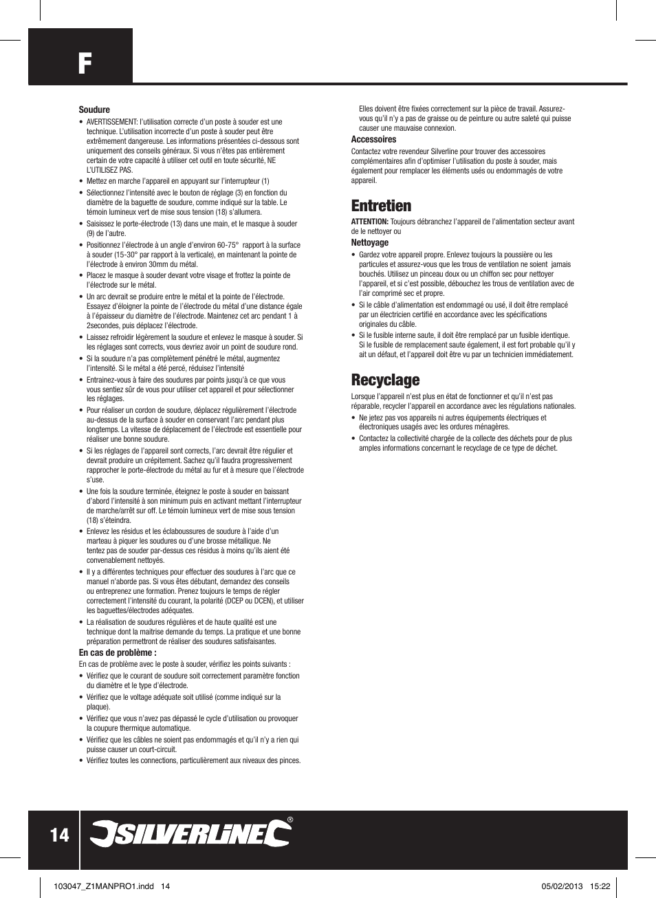 Entretien, Recyclage | Silverline 160A Inverter Arc Welder User Manual | Page 15 / 40