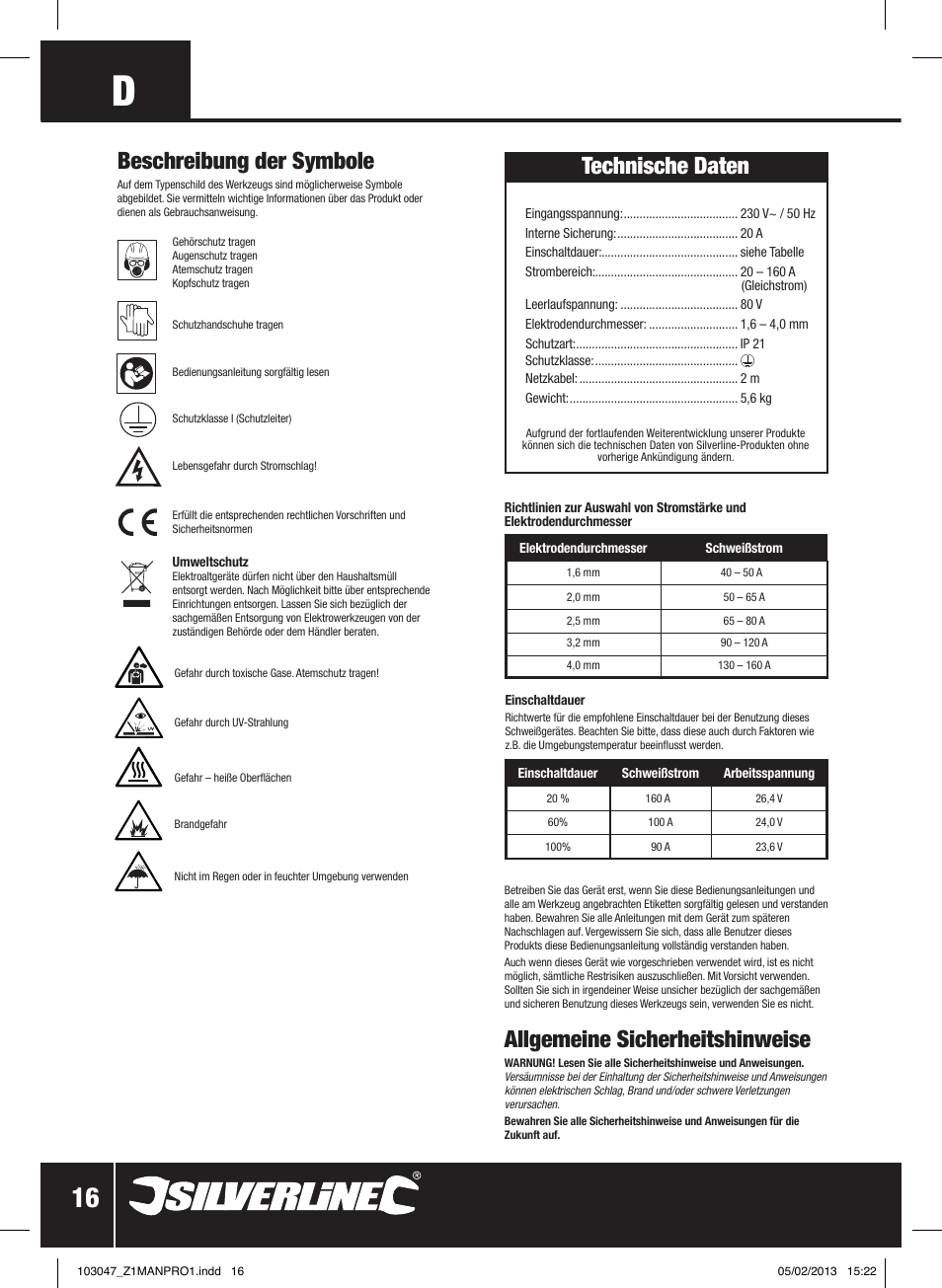 Technische daten, Allgemeine sicherheitshinweise, Beschreibung der symbole | Silverline 160A Inverter Arc Welder User Manual | Page 17 / 40