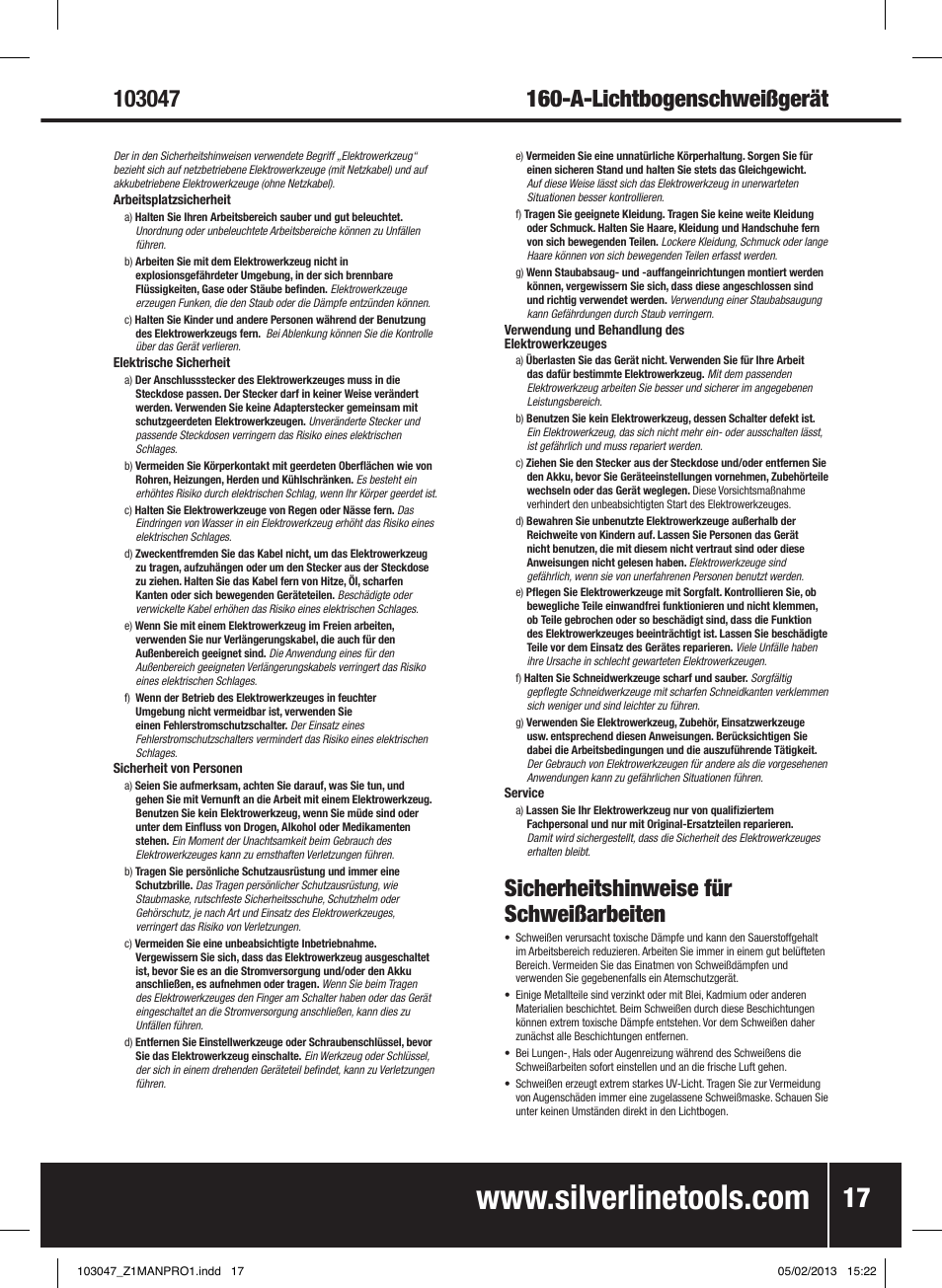 Sicherheitshinweise für schweißarbeiten | Silverline 160A Inverter Arc Welder User Manual | Page 18 / 40