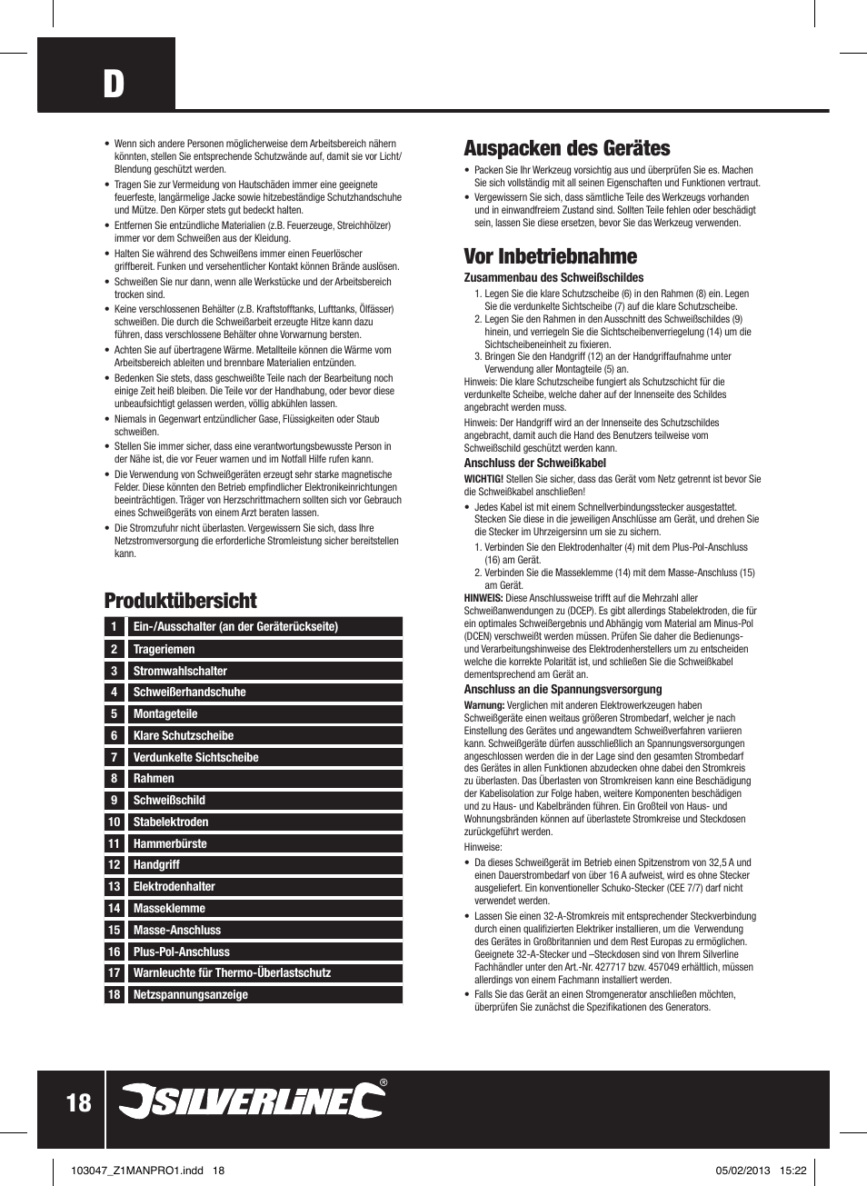 Auspacken des gerätes, Vor inbetriebnahme, Produktübersicht | Silverline 160A Inverter Arc Welder User Manual | Page 19 / 40