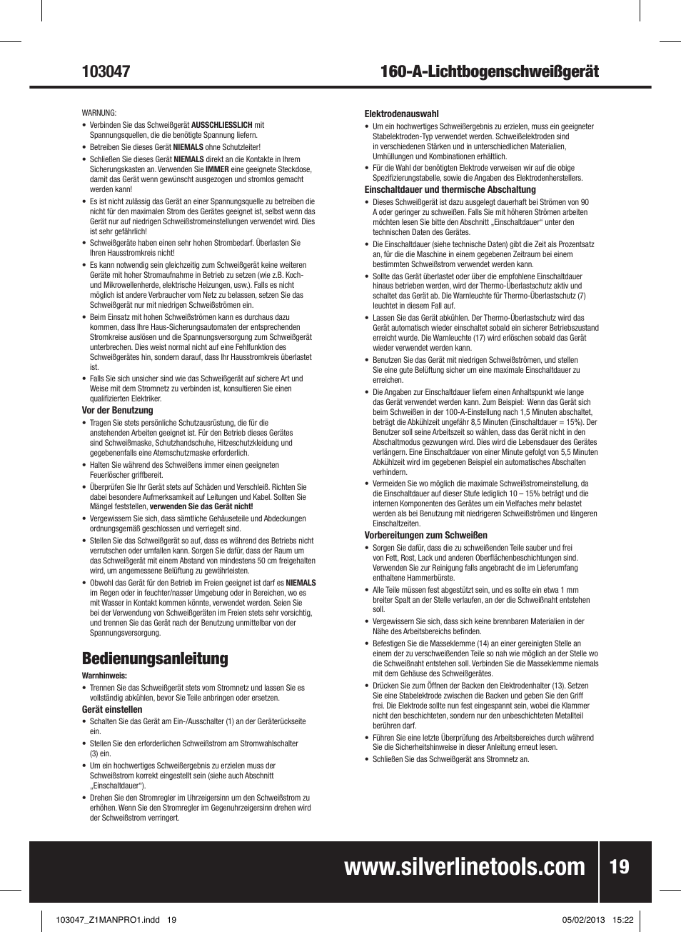 Bedienungsanleitung | Silverline 160A Inverter Arc Welder User Manual | Page 20 / 40