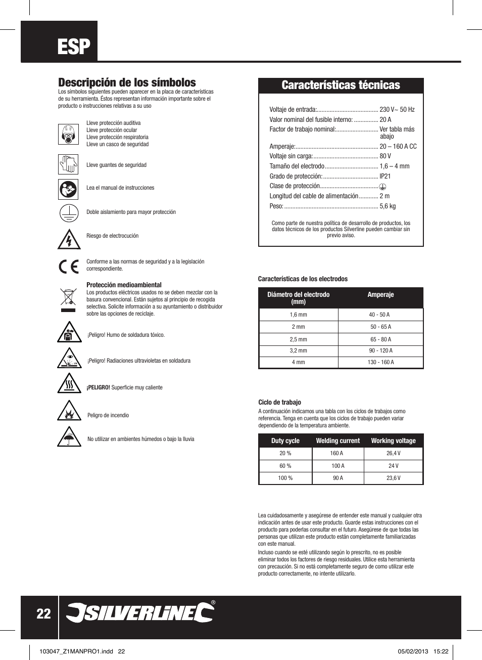Características técnicas, Descripción de los símbolos | Silverline 160A Inverter Arc Welder User Manual | Page 23 / 40