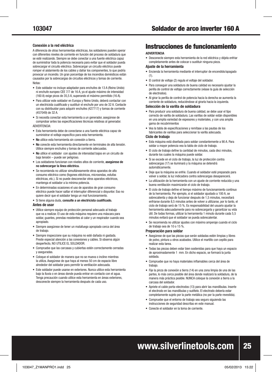 Instrucciones de funcionamiento | Silverline 160A Inverter Arc Welder User Manual | Page 26 / 40