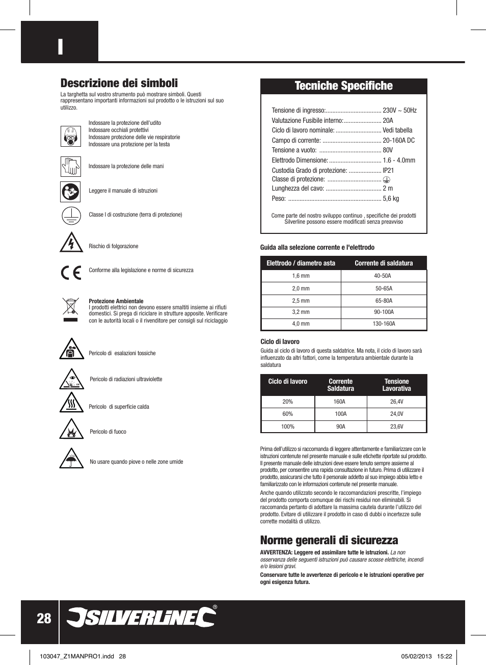 Tecniche specifiche, Norme generali di sicurezza, Descrizione dei simboli | Silverline 160A Inverter Arc Welder User Manual | Page 29 / 40