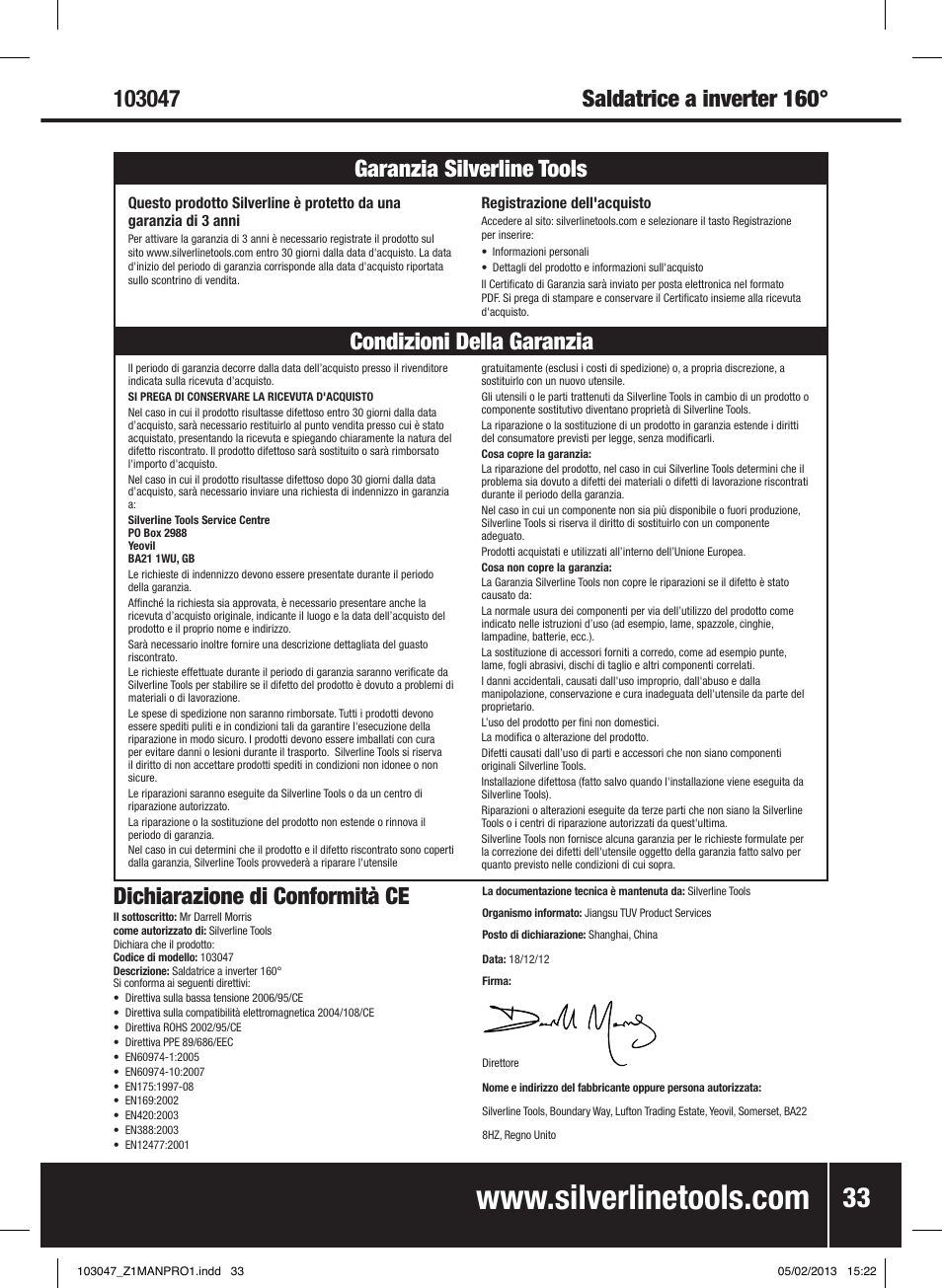 Dichiarazione di conformità ce | Silverline 160A Inverter Arc Welder User Manual | Page 34 / 40