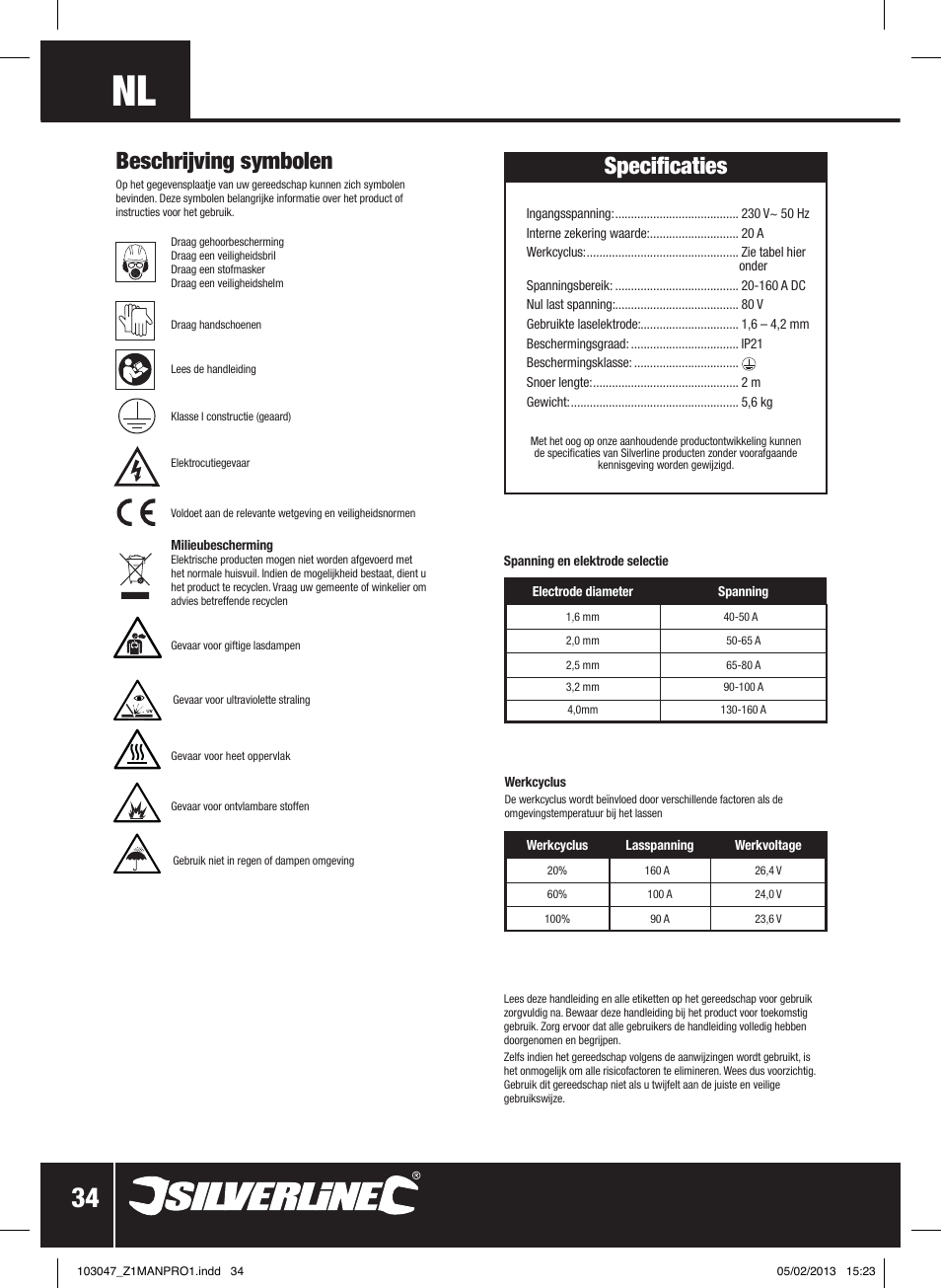 Specificaties, Beschrijving symbolen | Silverline 160A Inverter Arc Welder User Manual | Page 35 / 40