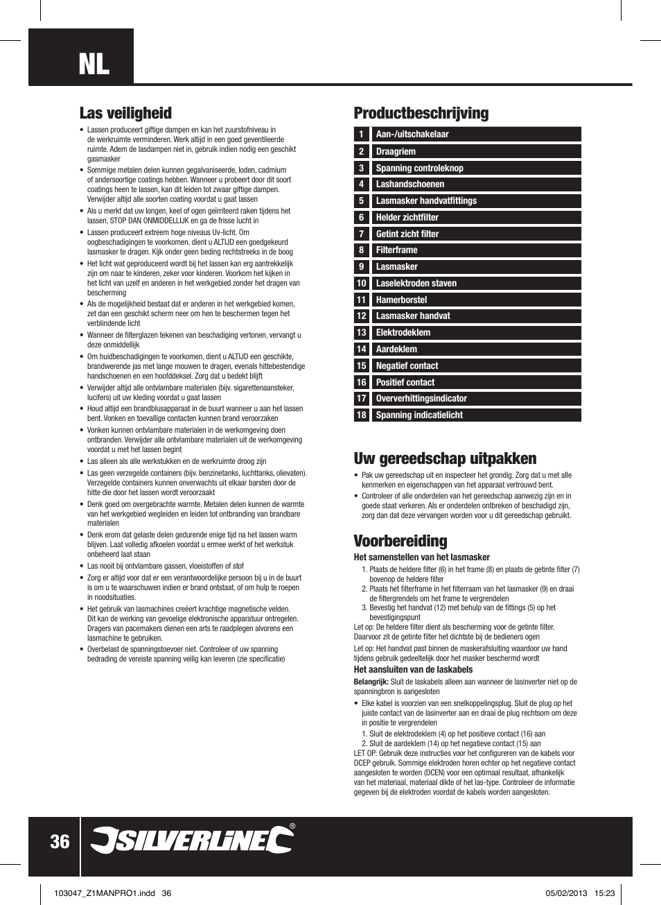 Uw gereedschap uitpakken, Voorbereiding, Las veiligheid | Productbeschrijving | Silverline 160A Inverter Arc Welder User Manual | Page 37 / 40