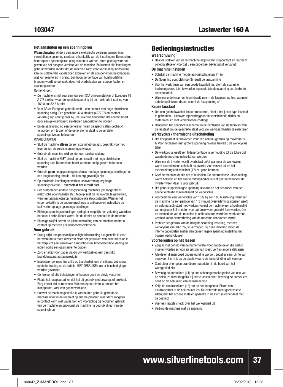 Bedieningsinstructies | Silverline 160A Inverter Arc Welder User Manual | Page 38 / 40