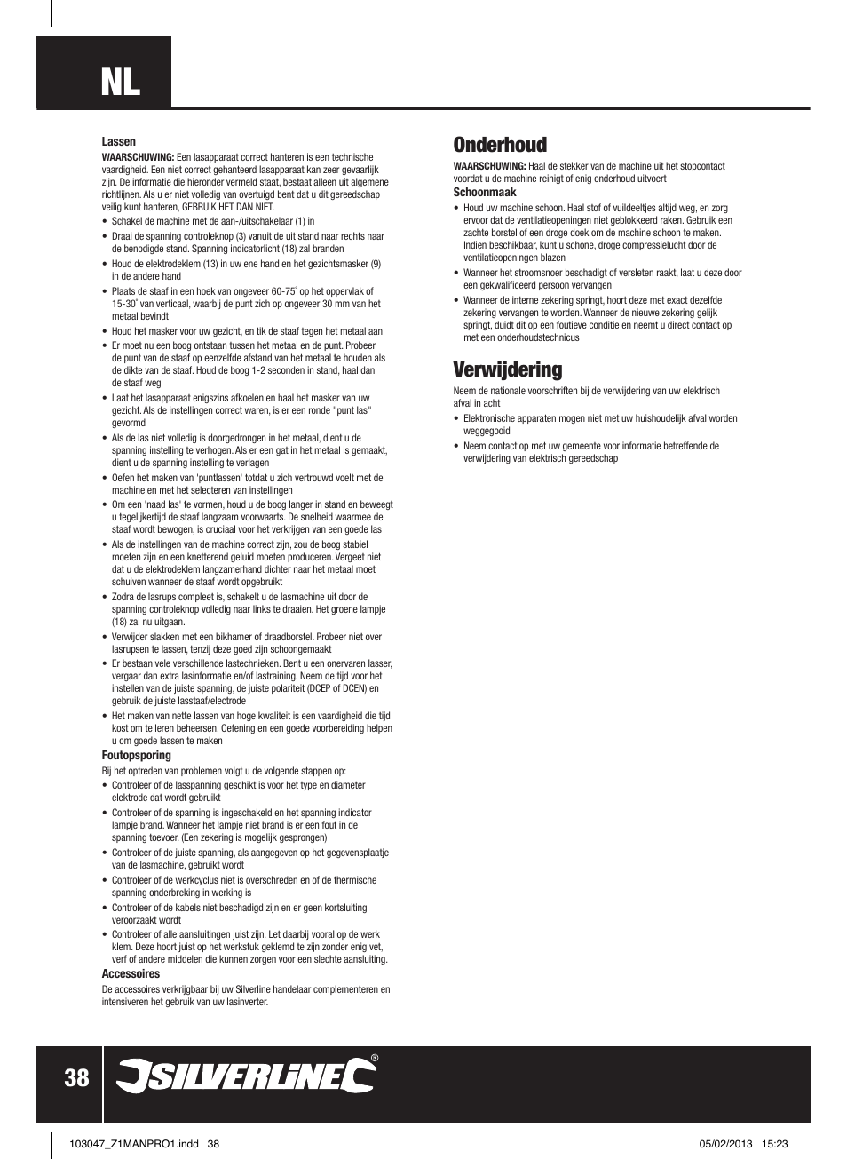 Onderhoud, Verwijdering | Silverline 160A Inverter Arc Welder User Manual | Page 39 / 40