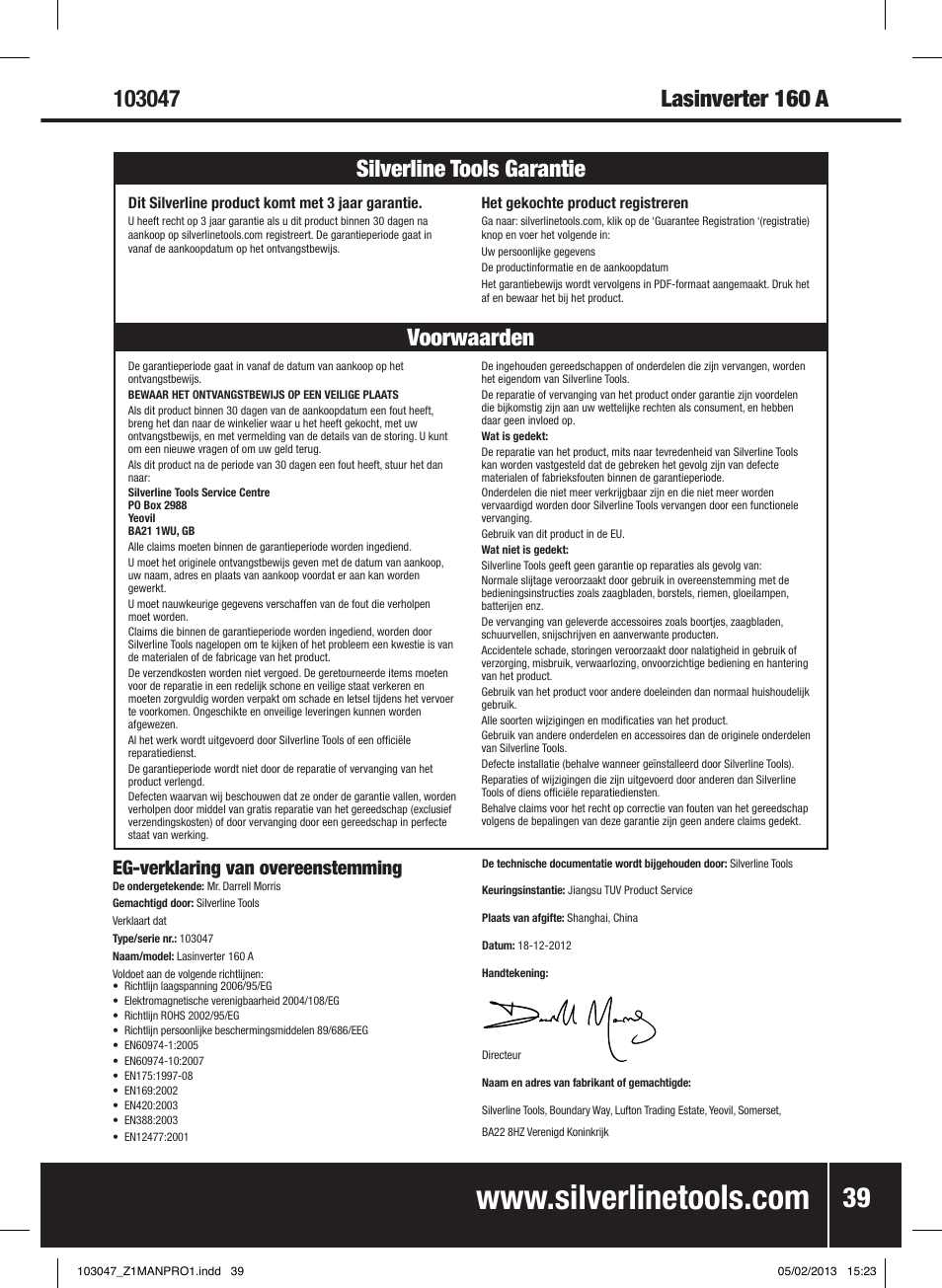 Voorwaarden silverline tools garantie, Eg-verklaring van overeenstemming | Silverline 160A Inverter Arc Welder User Manual | Page 40 / 40