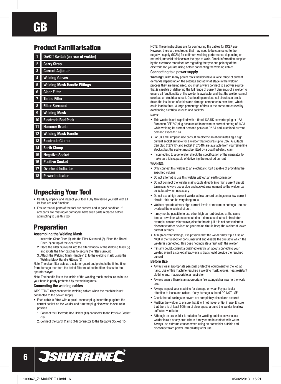 Unpacking your tool, Preparation, Product familiarisation | Silverline 160A Inverter Arc Welder User Manual | Page 7 / 40