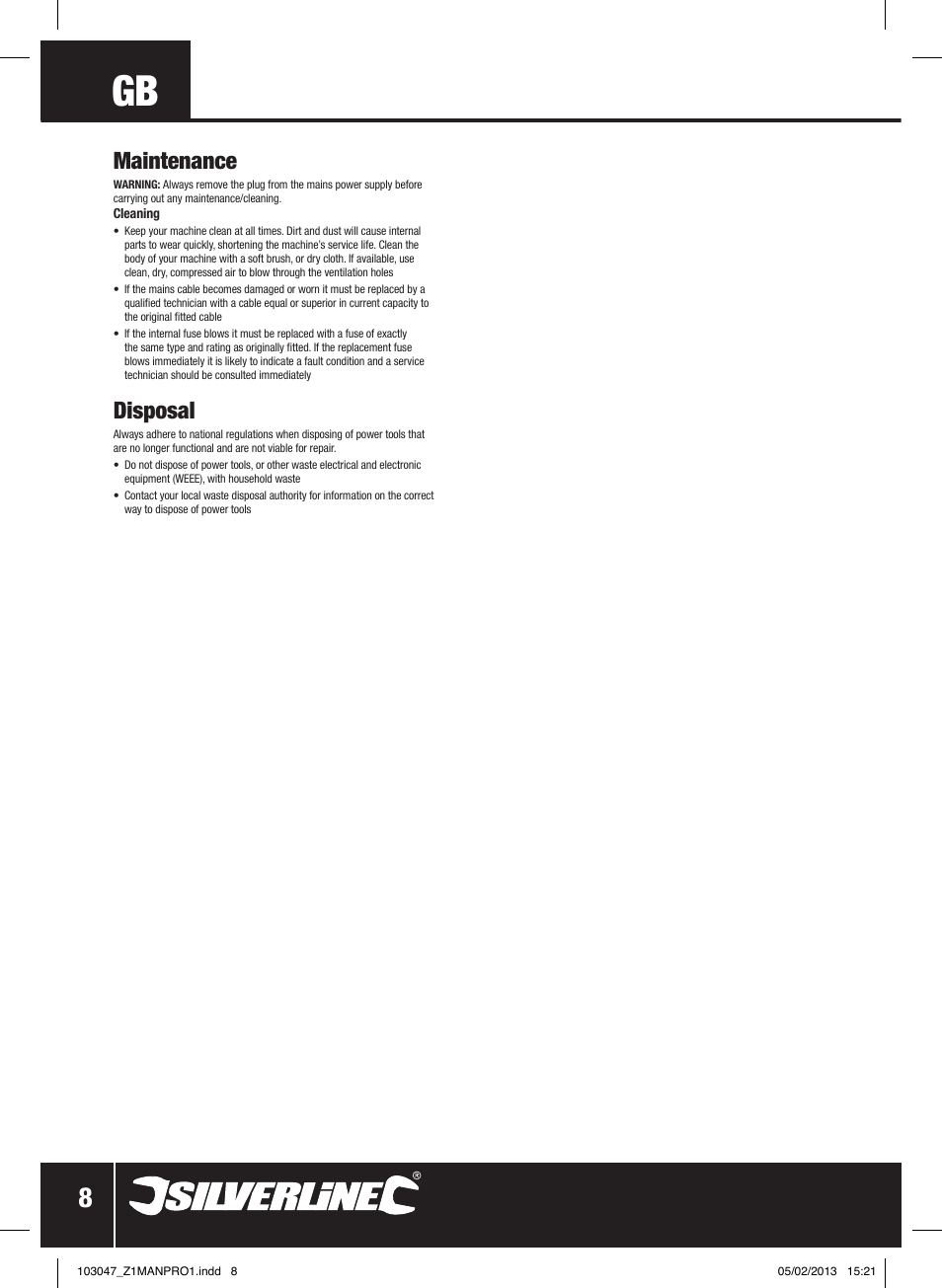 Maintenance, Disposal | Silverline 160A Inverter Arc Welder User Manual | Page 9 / 40