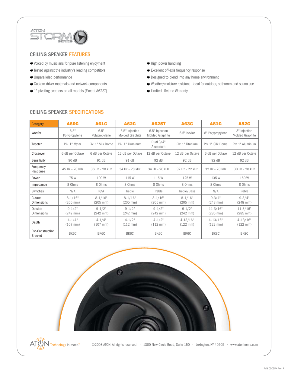 Ceiling speaker features, Ceiling speaker specifications | ATON A62ST User Manual | Page 2 / 2