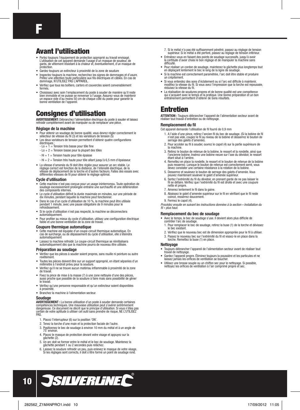 Avant l’utilisation, Consignes d’utilisation, Entretien | Silverline 90A Gasless Turbo Mig User Manual | Page 11 / 28