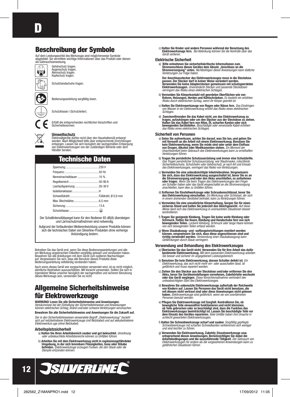 Technische daten, Beschreibung der symbole | Silverline 90A Gasless Turbo Mig User Manual | Page 13 / 28