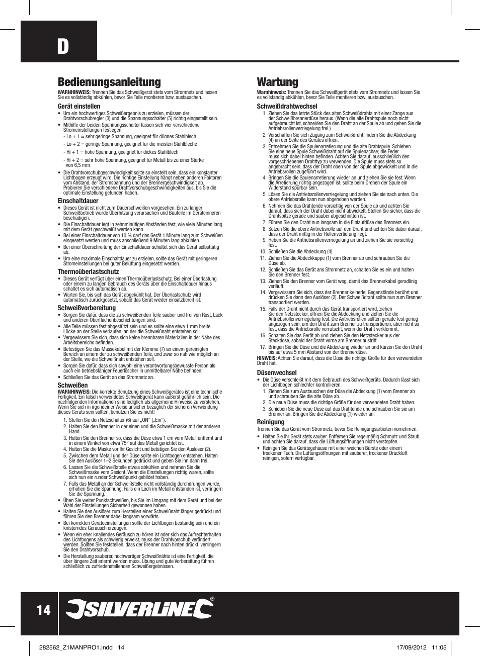Bedienungsanleitung, Wartung | Silverline 90A Gasless Turbo Mig User Manual | Page 15 / 28