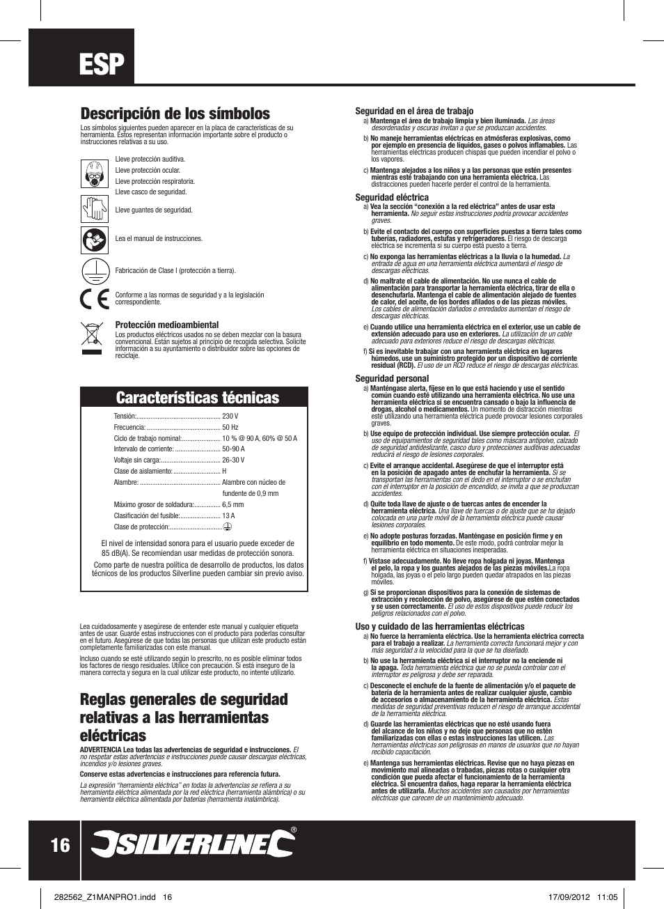 Características técnicas, Descripción de los símbolos | Silverline 90A Gasless Turbo Mig User Manual | Page 17 / 28