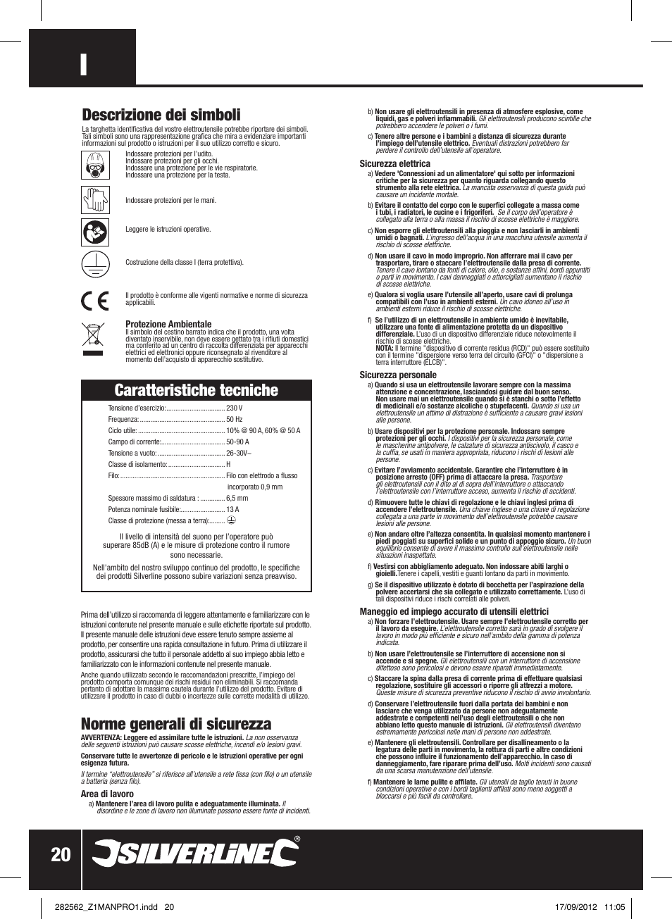 Norme generali di sicurezza, Caratteristiche tecniche, Descrizione dei simboli | Silverline 90A Gasless Turbo Mig User Manual | Page 21 / 28