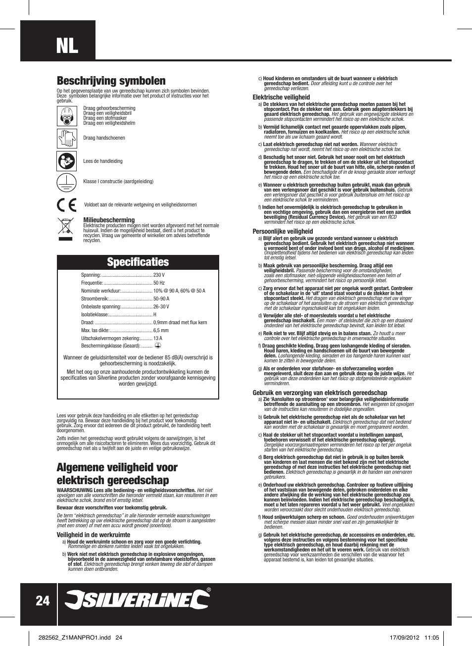 Algemene veiligheid voor elektrisch gereedschap, Specificaties, Beschrijving symbolen | Silverline 90A Gasless Turbo Mig User Manual | Page 25 / 28