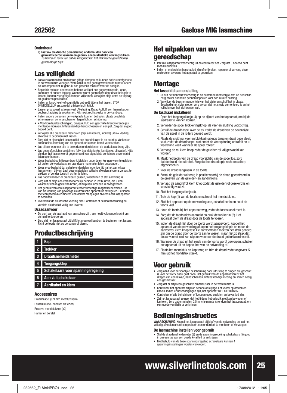 Las veiligheid, Montage, Voor gebruik | Bedieningsinstructies | Silverline 90A Gasless Turbo Mig User Manual | Page 26 / 28