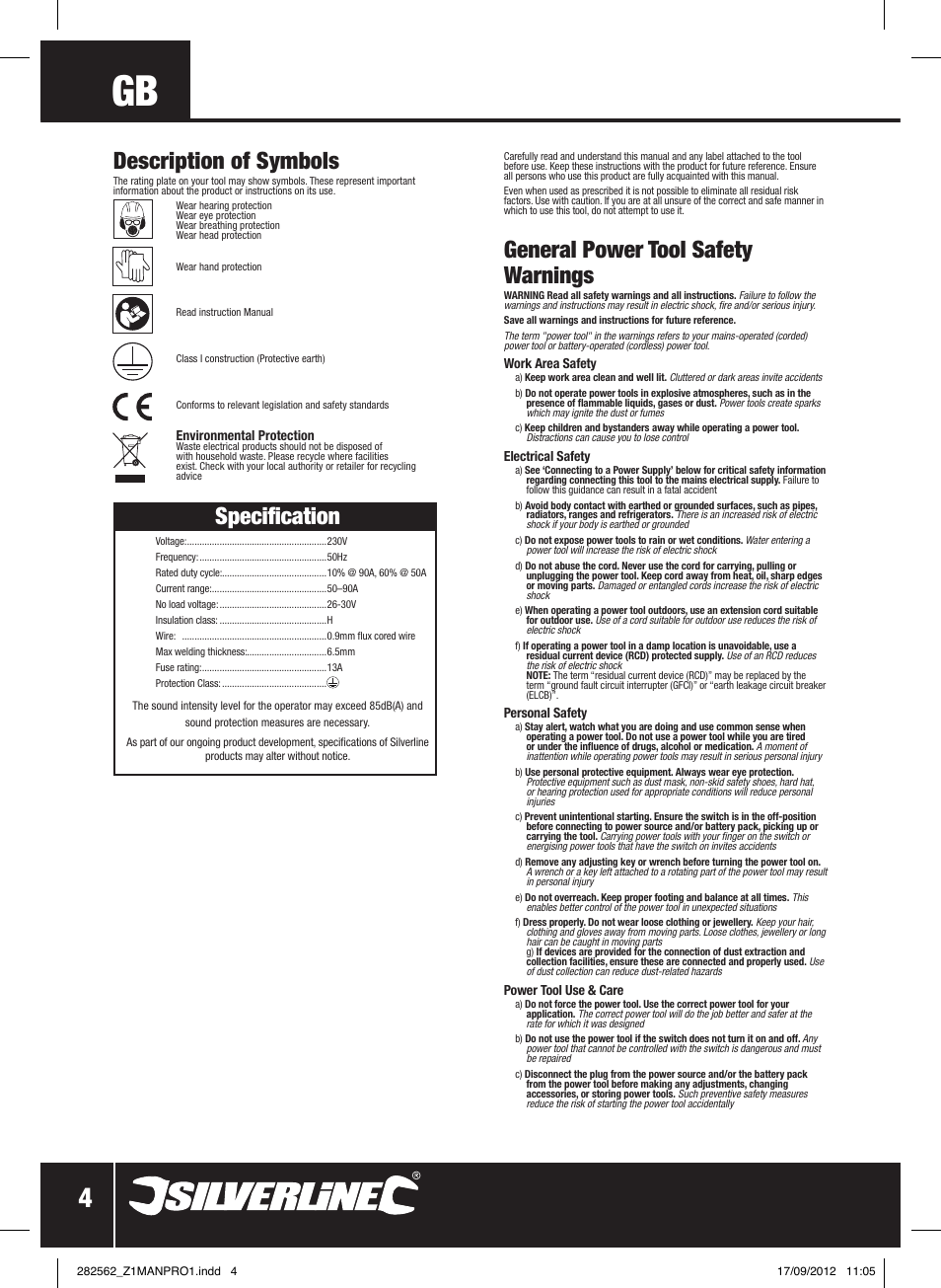 General power tool safety warnings, Specification, Description of symbols | Silverline 90A Gasless Turbo Mig User Manual | Page 5 / 28