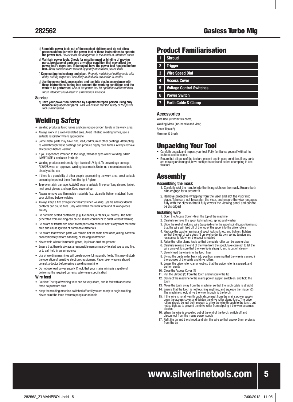 Welding safety, Product familiarisation, Unpacking your tool | Assembly | Silverline 90A Gasless Turbo Mig User Manual | Page 6 / 28