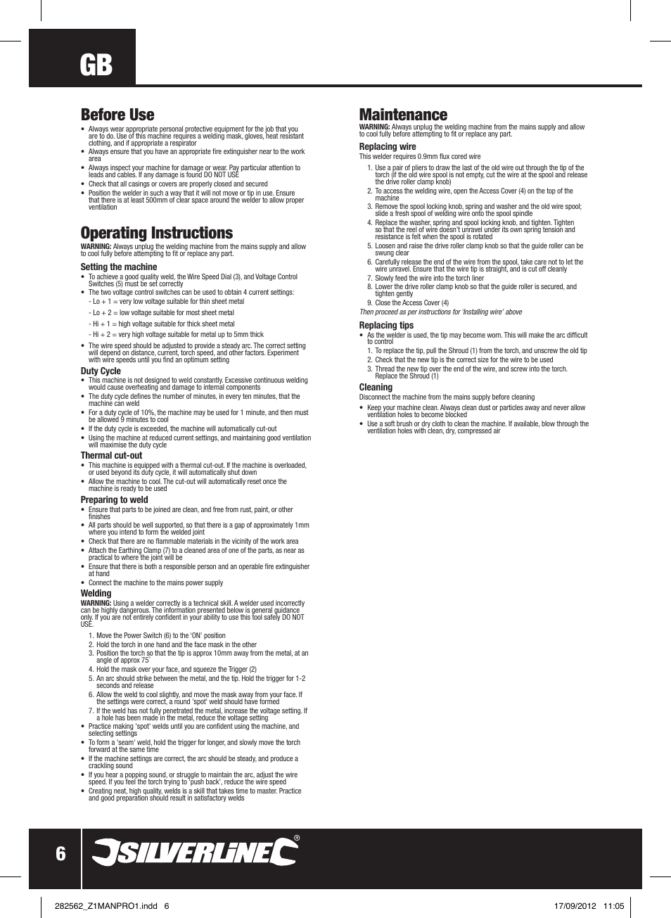 Before use, Operating instructions, Maintenance | Silverline 90A Gasless Turbo Mig User Manual | Page 7 / 28