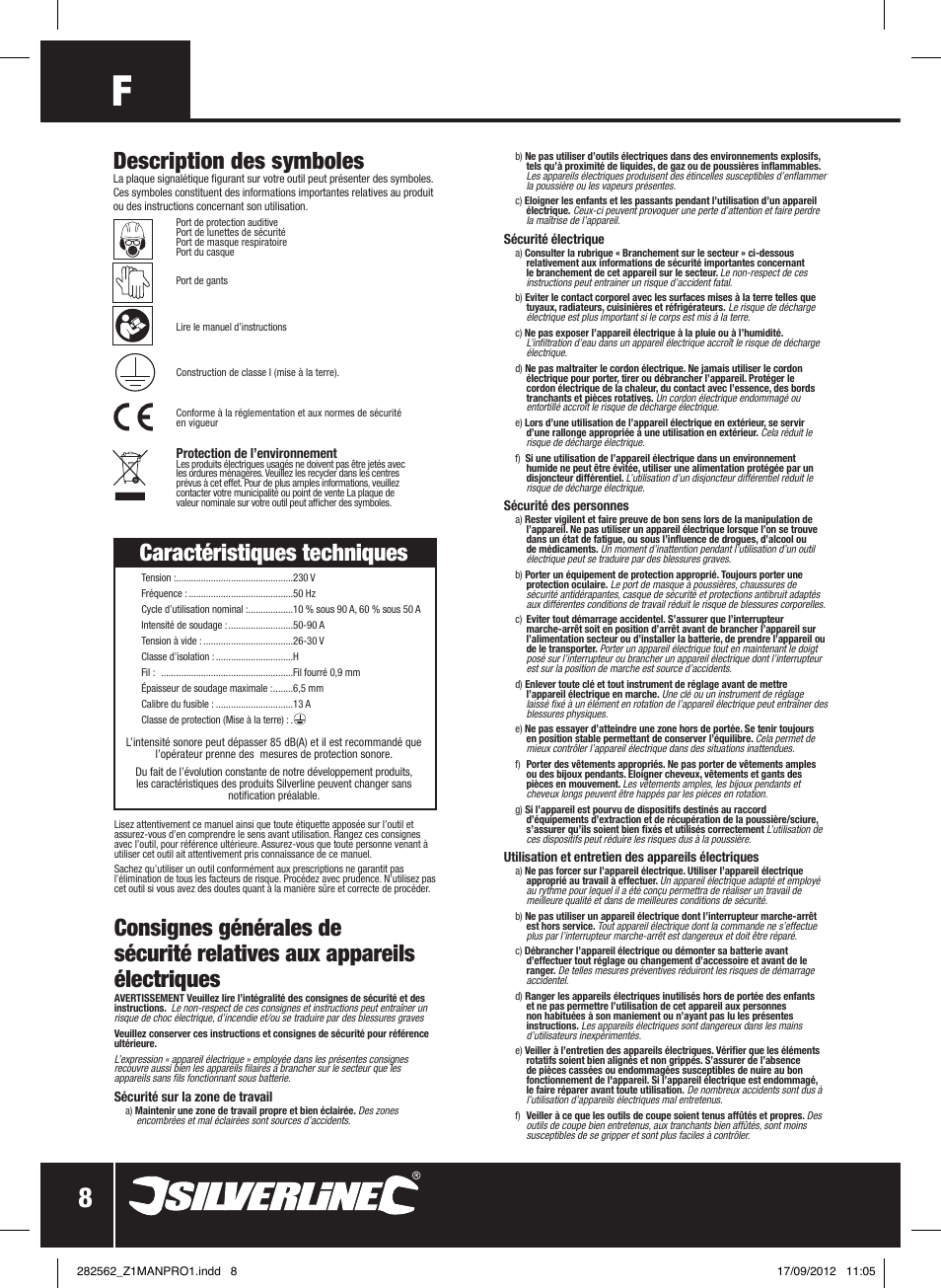 Caractéristiques techniques, Description des symboles | Silverline 90A Gasless Turbo Mig User Manual | Page 9 / 28