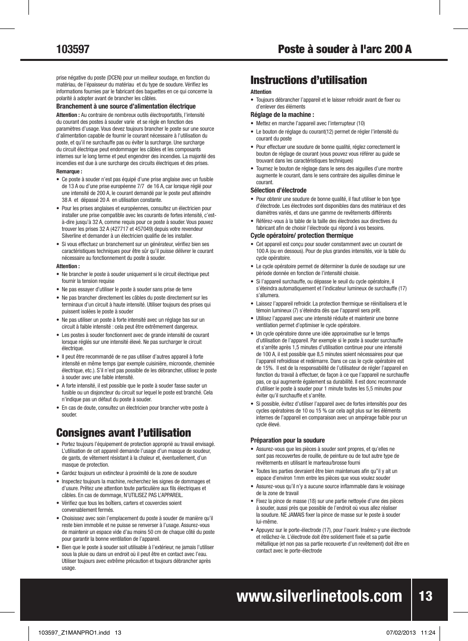 Consignes avant l’utilisation, Instructions d’utilisation | Silverline 200A Inverter Arc Welder User Manual | Page 14 / 40