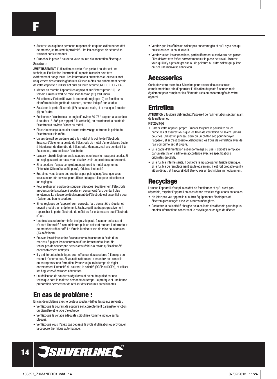 En cas de problème, Accessories, Entretien | Recyclage | Silverline 200A Inverter Arc Welder User Manual | Page 15 / 40