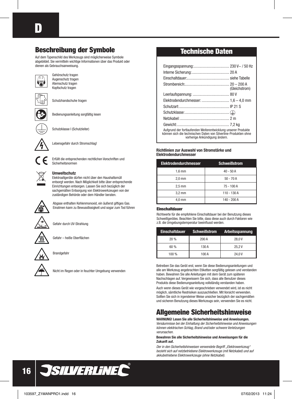 Allgemeine sicherheitshinweise, Beschreibung der symbole, Technische daten | Silverline 200A Inverter Arc Welder User Manual | Page 17 / 40