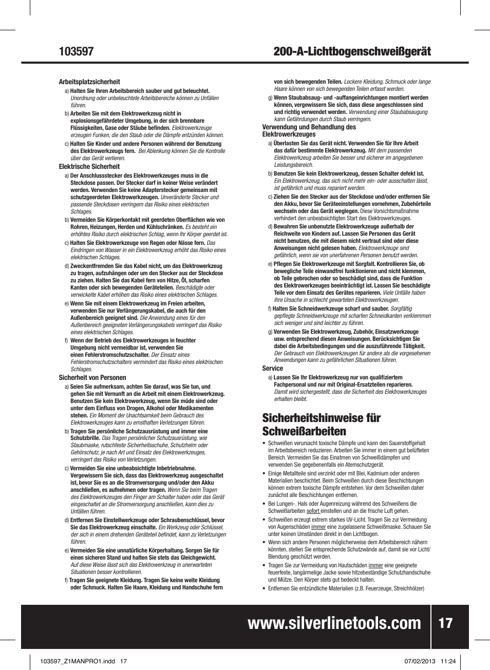 Sicherheitshinweise für schweißarbeiten | Silverline 200A Inverter Arc Welder User Manual | Page 18 / 40