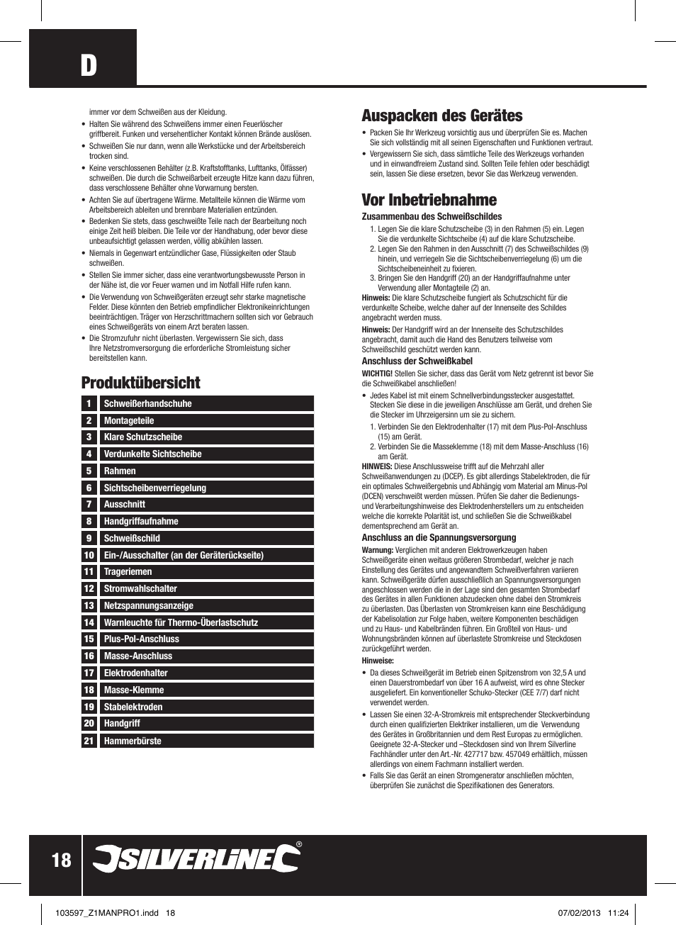 Auspacken des gerätes, Vor inbetriebnahme, Produktübersicht | Silverline 200A Inverter Arc Welder User Manual | Page 19 / 40